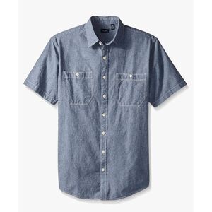 Amazon Essentials Men's Blue Cotton Chambray Button Down Short Sleeve Shirt